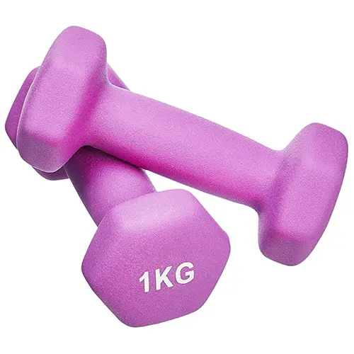 Amazon Basics Neoprene Dumbbell Pair in colour-coded weights on a white background